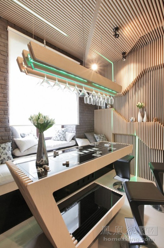 復古而科幻可變換燈光的未來廚房